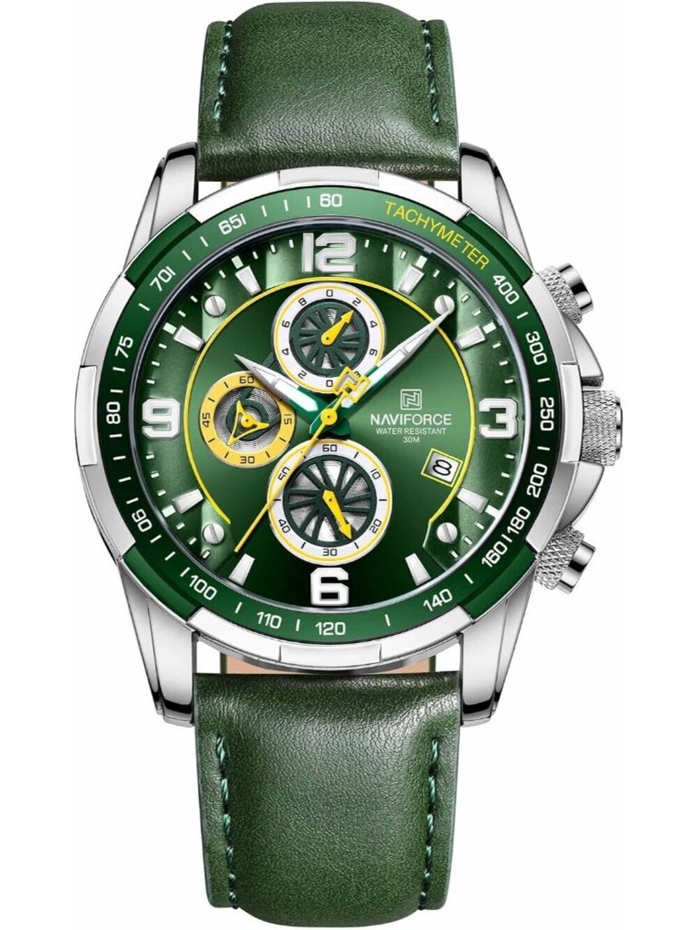 Men's Green Analog Quartz Chronograph Leather Strap Sport Fashion Wrist Watch